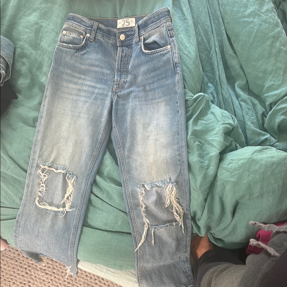 Blue Distressed Ankle Cropped Jeans